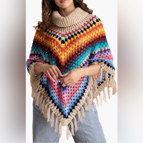 SACHI Sweaters - SACHI Multicolor Crochet Poncho